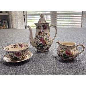 VTG Mason's Patent Ironstone Nabob Tea Set Teapot‎ Open Sugar Bowl Creamer Rare